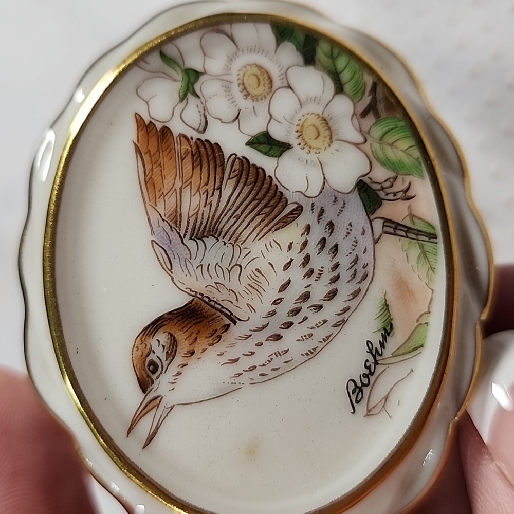 Boehm Bird and Floral Porcelain Brooch with Gold Trim.